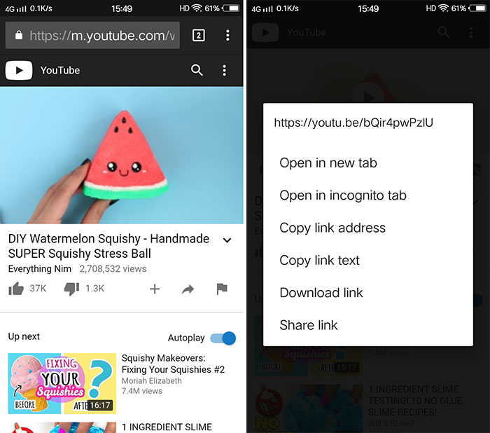 Copia il link di YouTube in Android