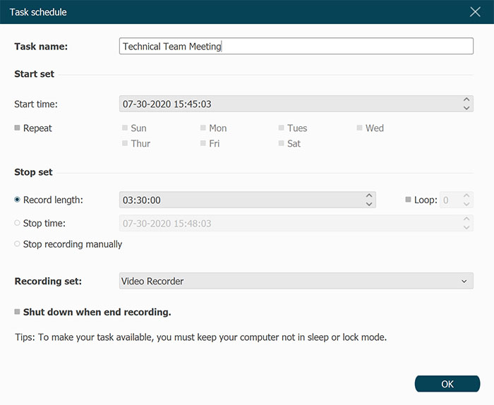 Configuración del programa de tareas