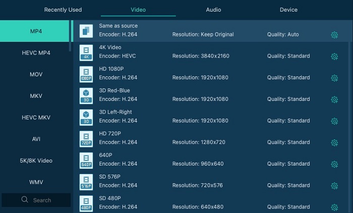 Scegli il formato video di output