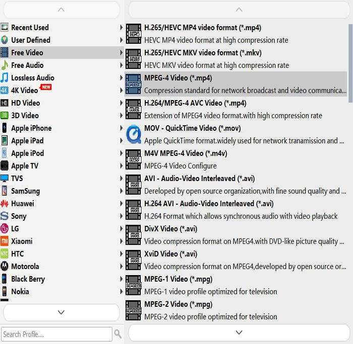 Seleziona il formato di output video